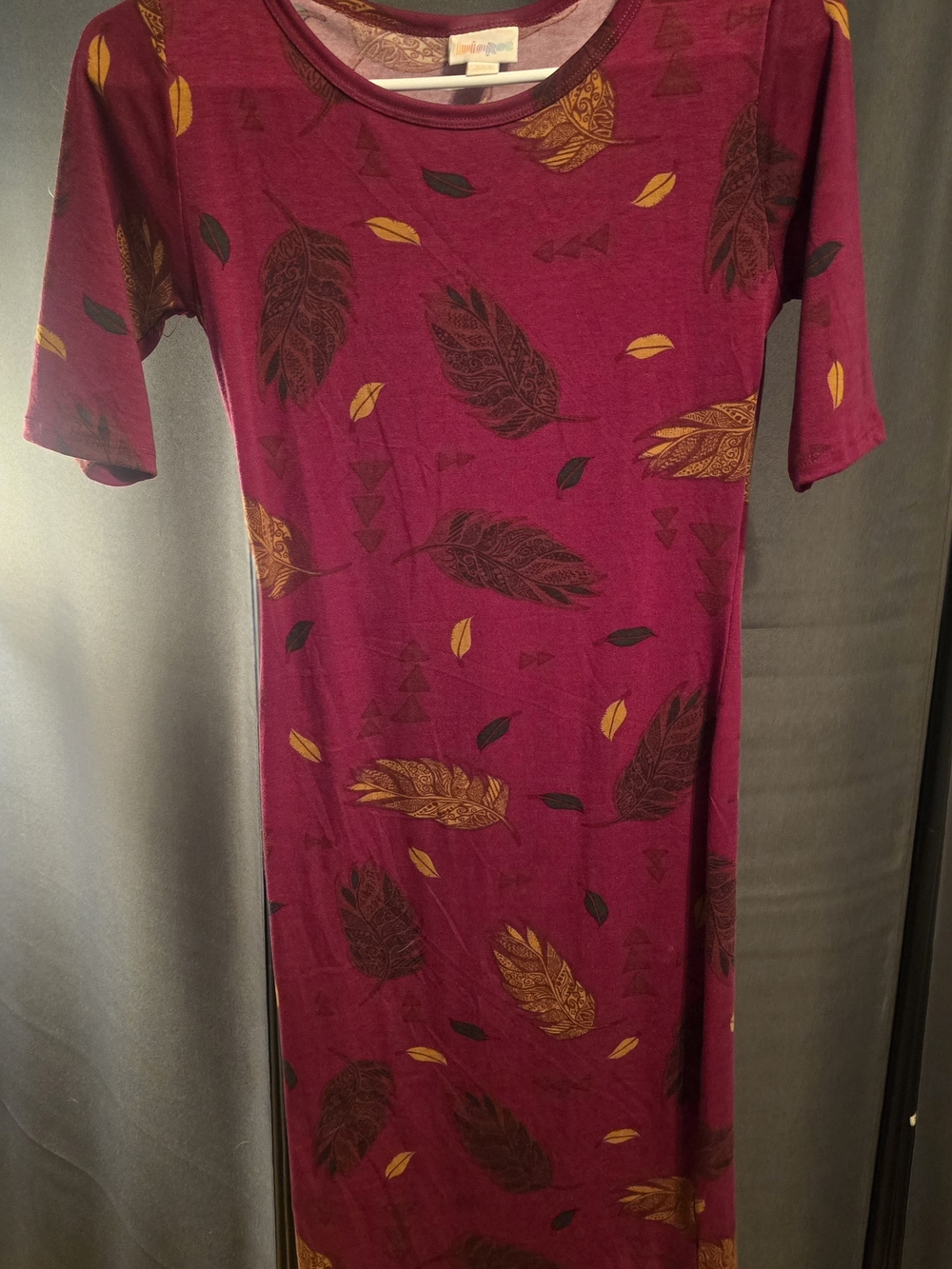 LuLaRoe Maxi Dress in Burgundy with Mustard and Dark Brown Feather Print